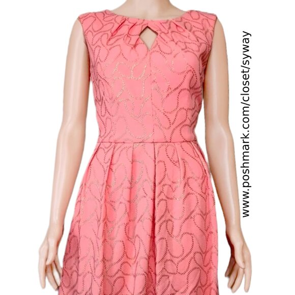 NWT Ellen Tracy Pink Coral Dress with Gold Shimmer Jacquard Design Fit and Flare - Picture 3 of 14